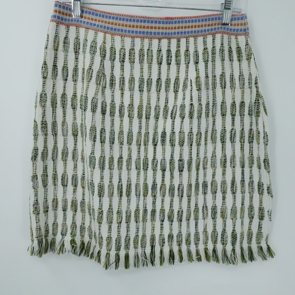 Just Bellina Skirt Women M Ivory Green‎ Cotton Handwoven Fringe Boho Sustainable